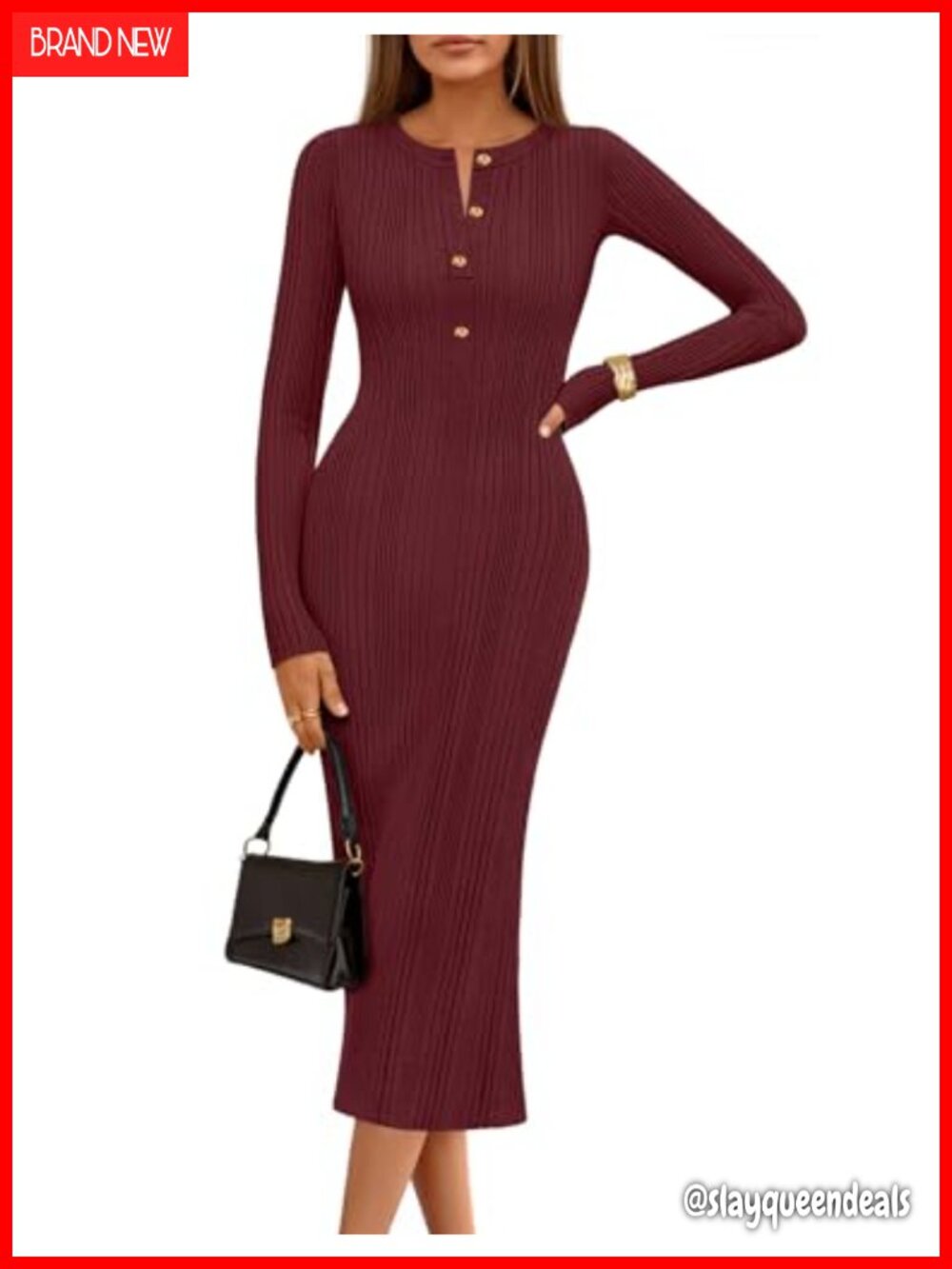 Ribbed Knit Bodycon Sweater Dress Long Sleeve Button Down Midi Work Casual